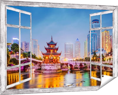 Gards Tuinposter Doorkijk Rivier bij Stad Guiyang in China - 150x100 cm - Tuindoek - Tuindecoratie - Wanddecoratie buiten - Tuinschilderij