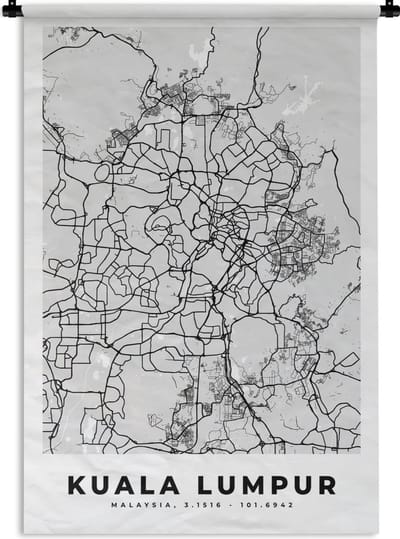 Wandkleed - Wanddoek - Kuala Lumpur - Stadskaart - Plattegrond - Zwart Wit - Kaart - 120x180 cm - Wandtapijt