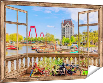 Gards Tuinposter Doorkijk Kleurrijke Oude Haven in Rotterdam - 150x100 cm - Tuindoek - Tuindecoratie - Wanddecoratie buiten - Tuinschilderij