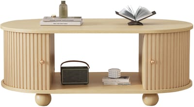Houtkleur Mdf Ovale Salontafel 100x50x40cm Woonkamer Opberg Schuifdeuren