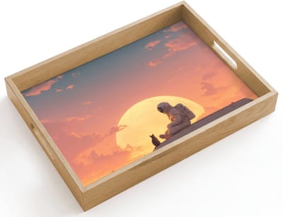 Dienblad hout 40x30 cm - Schootdienblad - Busje - Kat - Zonsondergang - Oranje - Borrelplank rechthoek - Plateau dienbladen