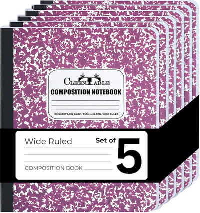 Set van 5 College Geribbelde Notitieboeken 9-3/4 x 7-1/2 inch, 200 Pagina's, Marmeren Omslag