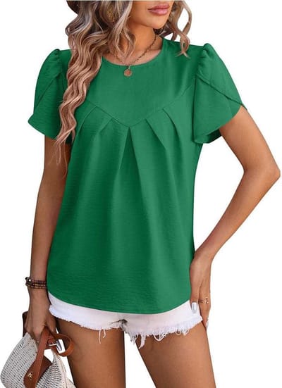 ASTRADAVI Damesmode - Top - Elegante Crêpe Blouse met Overlap Mouwen - Groen / Small