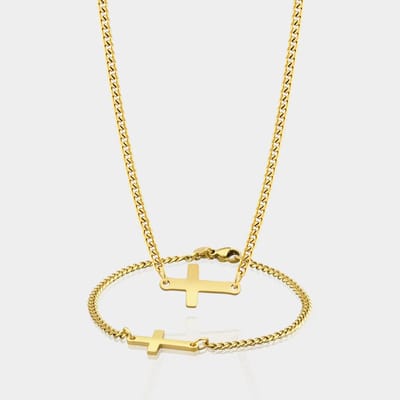Cuban Cross Ketting 3 mm x Cuban Cross Armband 3 mm - Gouden Schakelketting en Schakelarmband Heren - 60/19 cm lang - Olympus Jewelry