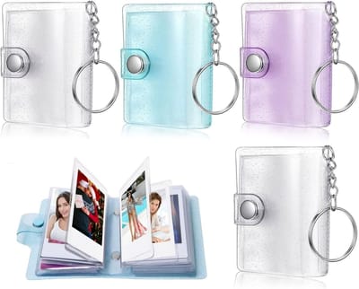Set van 4 Mini Fotoalbums en Sleutelhangers, 5 cm met 18 Compartimenten, Perfect voor Herinneringen en Cadeaus in 4 Kleuren