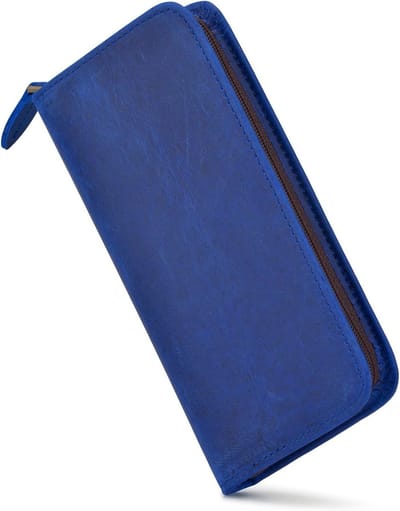 Handgemaakte leren case set met 3 slots, blauw, ideaal voor kaarten, pasjes en documenten, 17 x 8.5 x 2.2 cm