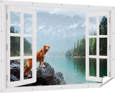 Gards Tuinposter Doorkijk Retriever Hond bij het Water in de Bergen - 180x120 cm - Tuindoek - Tuindecoratie - Wanddecoratie buiten - Tuinschilderij
