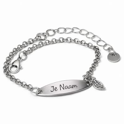 Armband met graveer, Armband met naam, Gepersonaliseerde armband met naamgravure en bladbedel - zilverkleurig, Armband met naamplaatje ,graveerarmband