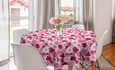 ABAKUHAUS bloemige ronde tafelkleed, cirkelvormige tafelkleedhoes voor eetkamerkeukendecoratie, 150 cm, roze lichtroze en robijnrood