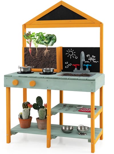 COSTWAY Modderkeuken kinderen outdoor, kinderkeuken dennenhout met plantenbakken & 2 krijtborden & kraan & wastafel, speelkeuken outdoor keuken voor kinderen vanaf 3 jaar, incl. 8 accessoires