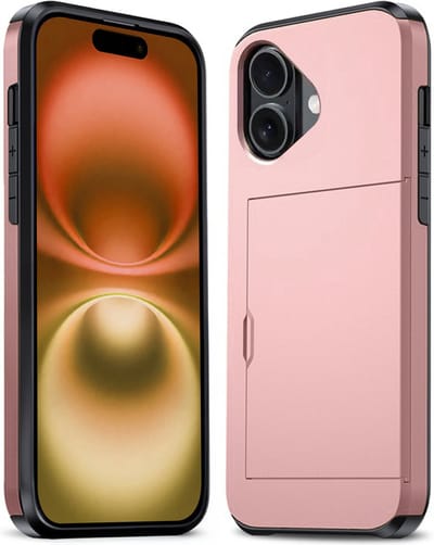 Hoesje Geschikt voor iPhone 16 Hoesje Pasjeshouder Shockproof Hard Case - Hoesje Geschikt voor iPhone 16 Hoes Met Kaarthouder - Rosé goud
