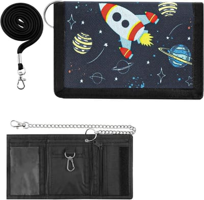 Kinderen portemonnee met sluiting, trekkoord en metalen ketting, vak voor bankbiljetten en munten, 8 x 12 cm, opvouwbaar met dinosaurussen en ruimte thema, perfect cadeau voor jongens en meisjes