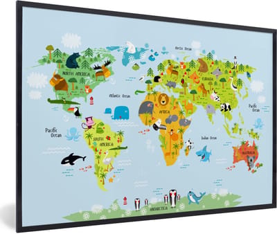 Poster in fotolijst kinderen - Wereldkaart - Kinderen - Dieren - Natuur - Jongens - Meisjes - Kinderposter - Schilderij voor kinderen - 120x80 cm - Kinderkamer decoratie
