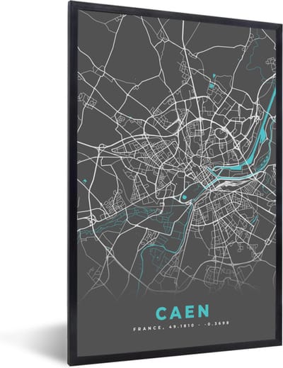 Fotolijst incl. Poster - Caen - Frankrijk - Kaart - Stadskaart - Plattegrond - 40x60 cm - Posterlijst