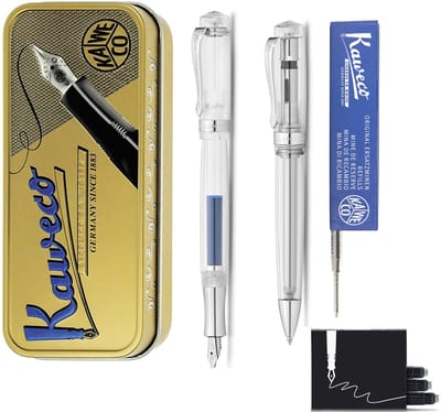Kaweco - set - Vulpen (Medium) en Balpen - Student - Transparent in vintage blikje - doosje G2 Blauwe balpenvulling - doosje vulpeninkt