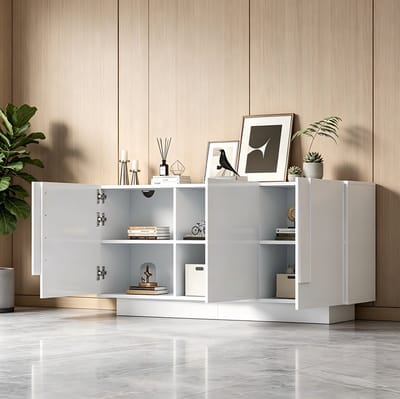 FloraGrace Dressoir - Hoogglans Opbergkast Met 3 Deuren - Verstelbare Planken Voor Woonkamer En Eetkamer - Spaanplaat - 160x35x60 Cm - Wit