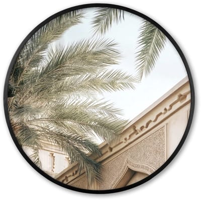Poster in lijst Rond - Fotolijst 60x60 cm - Posters - Gebouw - Palmbomen - Beige - Zon - Ronde posterlijst zwart - Decoratie - Wanddecoratie woonkamer - Muurdecoratie slaapkamer