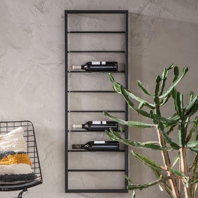 Eleganca Wijnrek – L42 x B8 x H120 cm – Wijnrek muur – Hangend - wijn rek - Ruimte voor 9 flessen – Metaal – Zwart