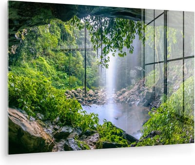 MuchoWow® Glasschilderij 120x80 cm - Schilderij acrylglas - Jungle - Regenwoud - Water - Waterval - Planten - Foto op glas - Muurdecoratie woonkamer - Wanddecoratie slaapkamer - Schilderijen