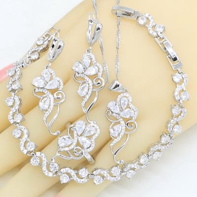 Dubaï   Ensembles de Bijoux Pour Femmes Zircone Blanche Bracelet Collier Pendentif Boucles d'Oreilles Bague Cadeau d'Anniversaire 10 beige