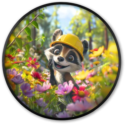 Poster in lijst Rond - Fotolijst 60x60 cm - Posters - Wasbeer - Natuur - Bloemen - Bouwhelm - Ronde posterlijst zwart - Decoratie - Wanddecoratie woonkamer - Muurdecoratie slaapkamer