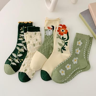 5 paires de chaussettes mi-mollet pour femmes, Imprimé floral vintage, Style décontracté respirant, Mélange polyester et élasthanne, Accessoire de mode quotidien One-size beige