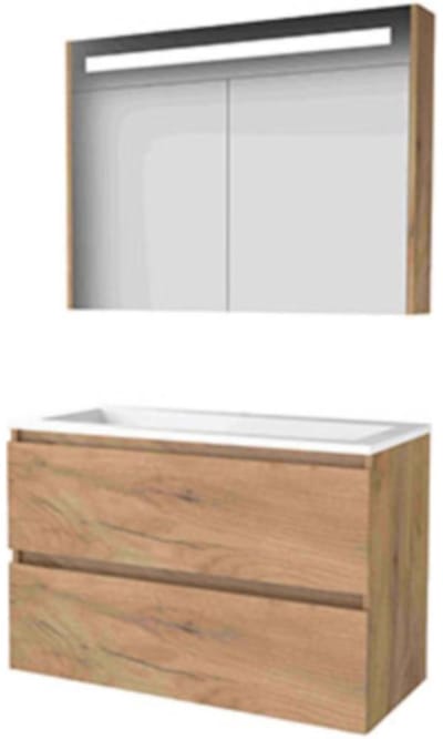 Basic-Line Premium 46 Badkamermeubelset - 100 x 46 cm - Greeploos - 2 Lades - Acryl Wastafel - 1 Kraangat - Spiegelkast met LED Verlichting - Whisky Oak