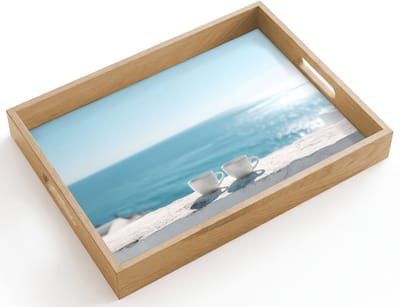 Dienblad hout 40x30 cm - Schootdienblad - Zee - Koffiekopjes - Zomers - Borrelplank rechthoek - Plateau dienbladen