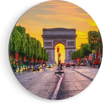 Artaza Dibond Muurcirkel Arc De Triomphe In Parijs Vanaf De Straat - Ø 70 cm - Wandcirkel - Rond Schilderij - Voor Binnen en Buiten