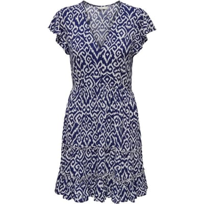Only blauwe dames jurk   V-hals   Regular fit   Grafisch patroon   Kap mouw Blauw XS