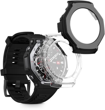 kwmobile 2x cover geschikt voor Amazfit T-Rex 3 - Fitnesstracker cover van gehard glas en kunststof frame set transparant / zwart