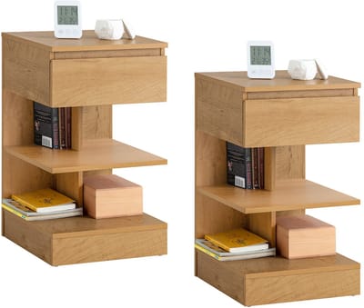 SoBuy Set van 2 Bijzettafel, Nachtkastje met 1 Lade en 3 Planken, Multifunctionele Salontafel voor Slaapkamer of Woonkamer, Scandinavisch Design, Natuur Houtbruin, 39x65x39cm, FBT49-Nx2