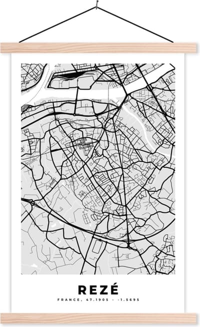 Posterhanger incl. Poster 40x60 cm - Schoolplaat - Kaart - Stadskaart - Rezé - Plattegrond - Frankrijk - Textielposter - Blanke latten - Stadskaart