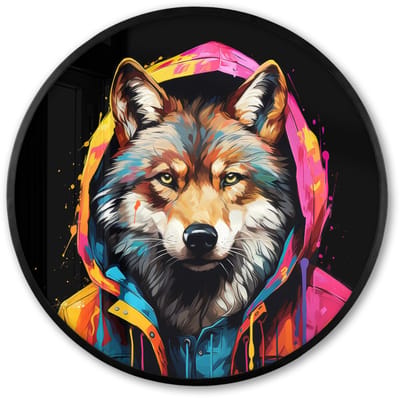 Poster in lijst Rond - Fotolijst 60x60 cm - Posters - Graffiti - Wolf - Jas - Zwart - Ronde posterlijst zwart - Decoratie - Wanddecoratie woonkamer - Muurdecoratie slaapkamer