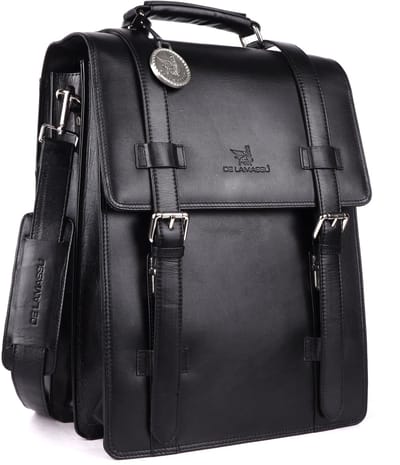 DE LAMASSU® (Adrian) leren laptoptas – 2-in-1 rugzak & schoudertas Zwart.