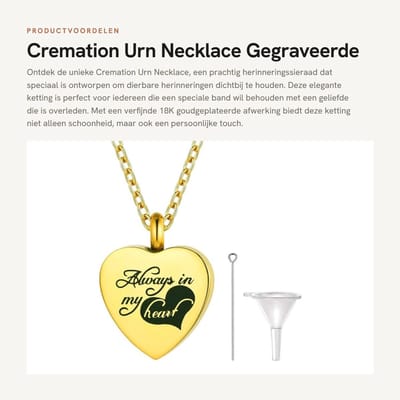 Dailygoods- Urn Ketting 18K Goud Geplateerd - Gegraveerde Herinneringsjuwelen - As Sieraad - Modern Design - Roestvrij Staal 316L - Geschenkdoos - Herinneringsketting