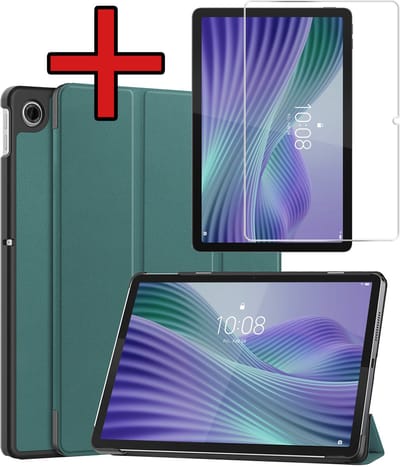Hoesje - Geschikt voor Lenovo Tab 10.1 inch - Met Screenprotector - Hardcover Book Case - Trifold Bookcase Hoes - Hard Cover - Tablethoes - Donkergroen