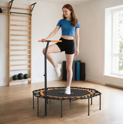 MEUNIQ fitness trampolin 128 x 120 x 98-126 cm met verstelbare handgreep, inklapbaar trainings-trampoline voor indoor fitness en yoga, zwart