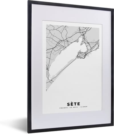 Fotolijst incl. Poster - Frankrijk – Sète – Stadskaart – Plattegrond – Kaart - 30x40 cm - Posterlijst