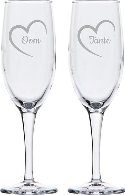 Gegraveerde Champagneglas 16,5cl Tante met hartje & Oom met hartje