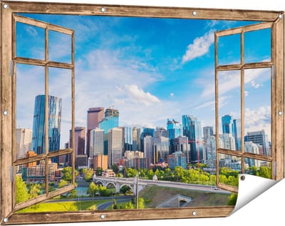 Gards Tuinposter Doorkijk Skyline Calgary Stad in Canada - 120x80 cm - Tuindoek - Tuindecoratie - Wanddecoratie buiten - Tuinschilderij