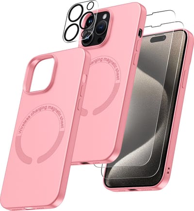 Hoesje Geschikt voor iPhone 15 Pro Max Magsafe hoes incl 2x gehard glazen screenprotector & 1x cameraLens protector – Licht Roze