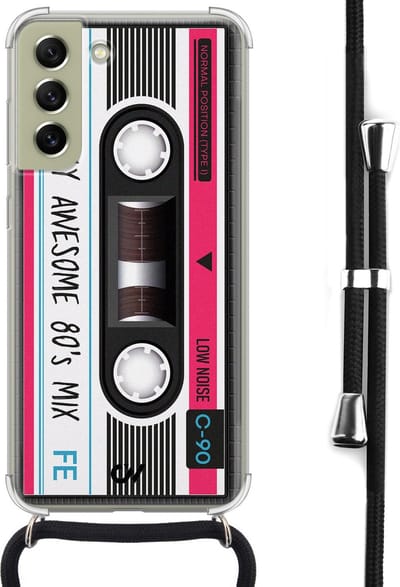 Telefoonhoesje met koord geschikt voor Samsung S21 FE - Cassette - Inclusief koord - Transparant, Grijs - - Crossbody beschermhoes - Met Telefoonketting
