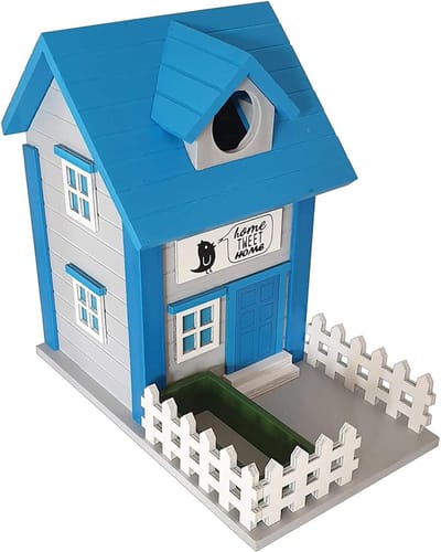 Famanu – Blauw Houten Vogelhuisje en Deed Voeding Station Feeder Vogelhuis Nestbox Thuis Modern Ontwerp Weerbestendig Tuin Buiten Boom of Wandmontage