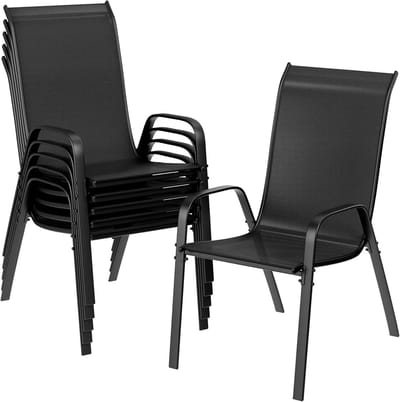 VIEMAE Tuinstoelen - Tuinstoelen stapelbaar - Set van 6 - Stapelstoelen - Terrasstoelen - Hoge rugleuning - Metalen frame - Zwart