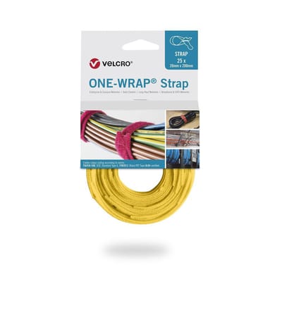 Velcro - One-wrap Strap - 20mm x 200mm - Geel - 25 stuks op rol - Volledig herbruikbaar - Stevig klittenband - Voor het bundelen van kabels - (098.0604)