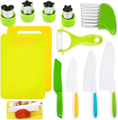 12-delige Kindermessen Set voor Veilig Snijden en Koken van Groenten en Fruit, Montessori Keukenaccessoires voor Kinderen vanaf 2 Jaar