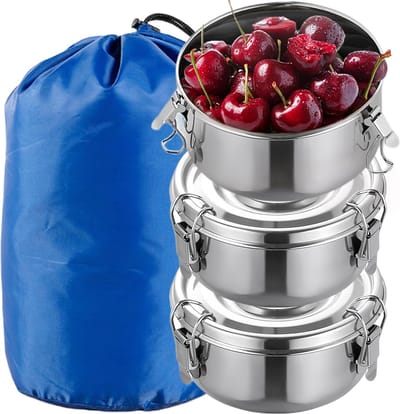 JGS ® Drievoudige Set van Ronde Roestvrijstalen Lunchboxen met Lekvrije Deksel en BPA-vrije Voering
