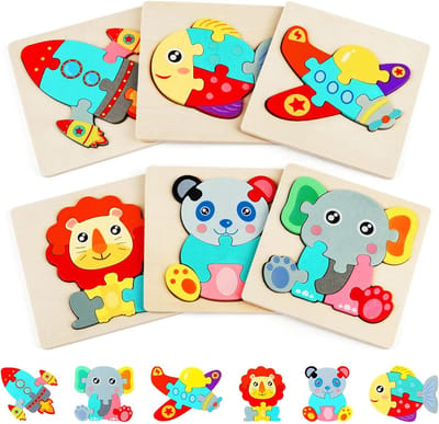 Houten Speelgoed - Houten Puzzel - Montessori Speelgoed - 6 Stuks 3D Dieren Puzzel Speelgoed Baby's Games - Vormnummer Puzzel Jigsaw Set - Houten Legpuzzels voor Peuters,cadeau, educatief speelgoed, voor kinderen van 1-6 jaar - Olifant