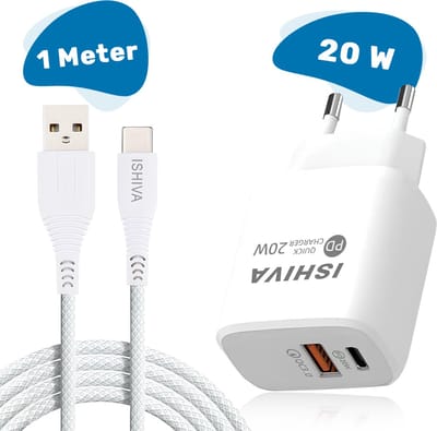 ISHIVA USB C Adapter Oplader USB stekker - USB C naar USB A Kabel - 20W Snellader - 2 jaar Garantie - Wit - 1 meter
